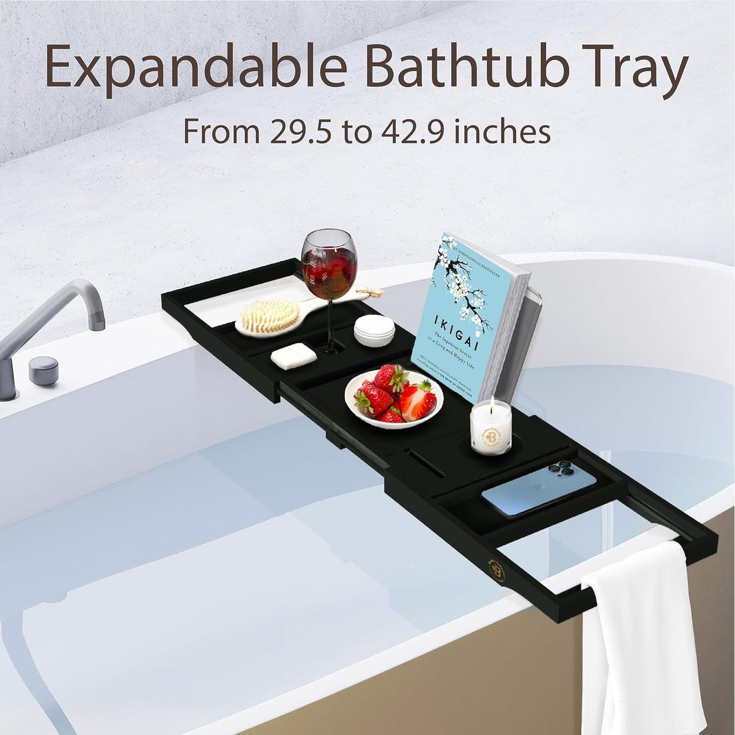 Bamboo Bathtub Tray for Tub - Expandable Bath Tray, Book & Tablet Holder - Bath Table, Tub Tray, Bathtub Caddy, Foldable Design