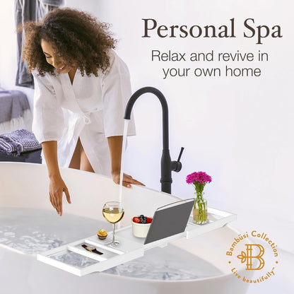 Bamboo Bathtub Tray for Tub - Expandable Bath Tray, Book & Tablet Holder - Bath Table, Tub Tray, Bathtub Caddy, Foldable Design