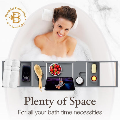 Bamboo Bathtub Tray for Tub - Expandable Bath Tray, Book & Tablet Holder - Bath Table, Tub Tray, Bathtub Caddy, Foldable Design