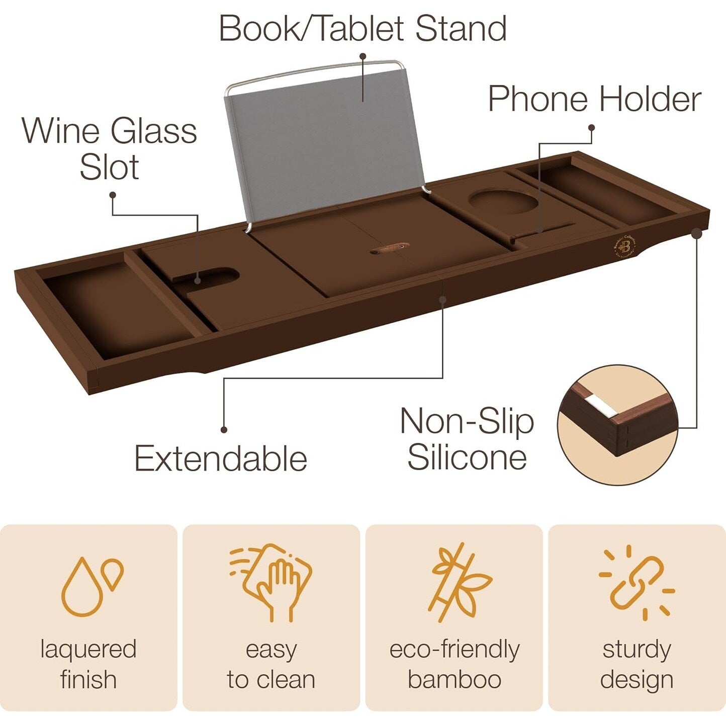 Bamboo Bathtub Tray for Tub - Expandable Bath Tray, Book & Tablet Holder - Bath Table, Tub Tray, Bathtub Caddy, Foldable Design