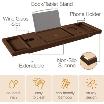 Bamboo Bathtub Tray for Tub - Expandable Bath Tray, Book & Tablet Holder - Bath Table, Tub Tray, Bathtub Caddy, Foldable Design