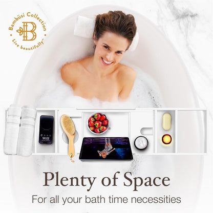 Bamboo Bathtub Tray for Tub - Expandable Bath Tray, Book & Tablet Holder - Bath Table, Tub Tray, Bathtub Caddy, Foldable Design