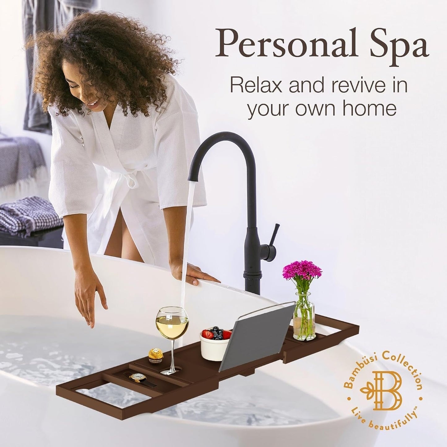 Bamboo Bathtub Tray for Tub - Expandable Bath Tray, Book & Tablet Holder - Bath Table, Tub Tray, Bathtub Caddy, Foldable Design