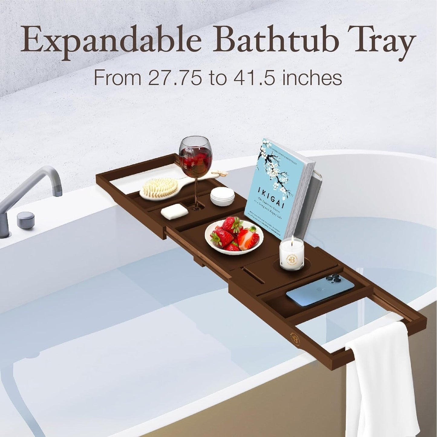 Bamboo Bathtub Tray for Tub - Expandable Bath Tray, Book & Tablet Holder - Bath Table, Tub Tray, Bathtub Caddy, Foldable Design