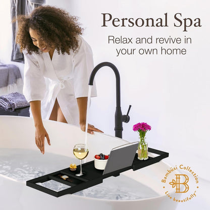 Bamboo Bathtub Tray for Tub - Expandable Bath Tray, Book & Tablet Holder - Bath Table, Tub Tray, Bathtub Caddy, Foldable Design