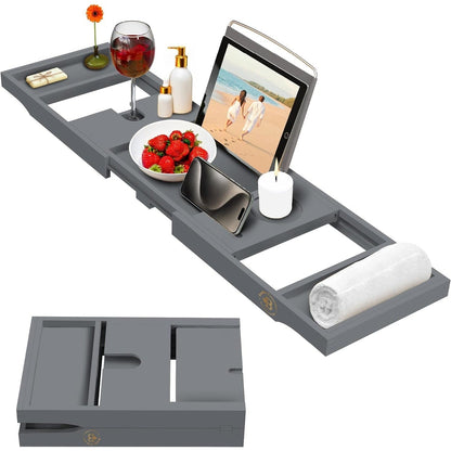 Bamboo Bathtub Tray for Tub - Expandable Bath Tray, Book & Tablet Holder - Bath Table, Tub Tray, Bathtub Caddy, Foldable Design