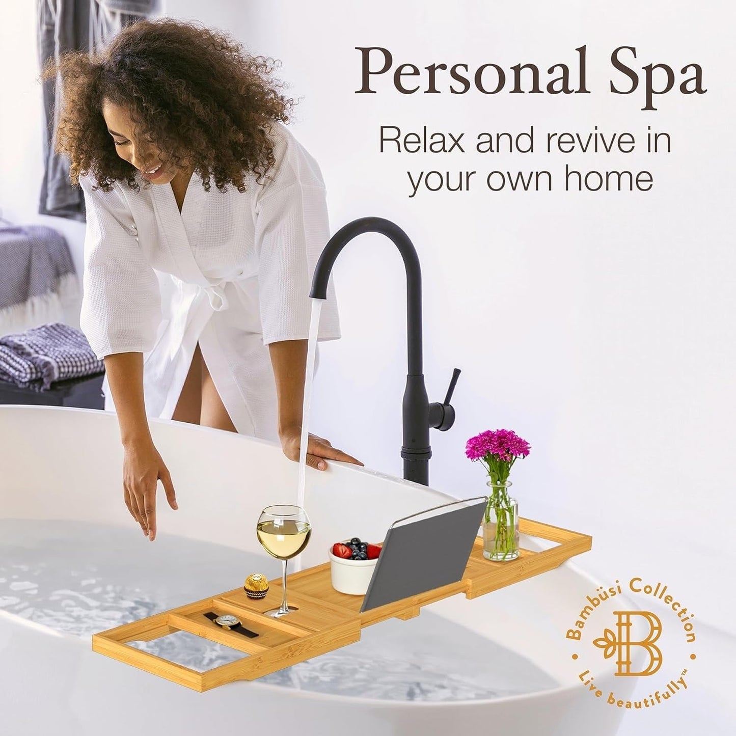 Bamboo Bathtub Tray for Tub - Expandable Bath Tray, Book & Tablet Holder - Bath Table, Tub Tray, Bathtub Caddy, Foldable Design