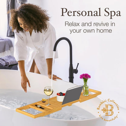 Bamboo Bathtub Tray for Tub - Expandable Bath Tray, Book & Tablet Holder - Bath Table, Tub Tray, Bathtub Caddy, Foldable Design