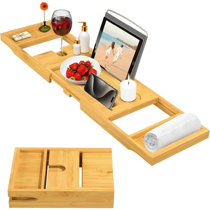 Bamboo Bathtub Tray for Tub - Expandable Bath Tray, Book & Tablet Holder - Bath Table, Tub Tray, Bathtub Caddy, Foldable Design