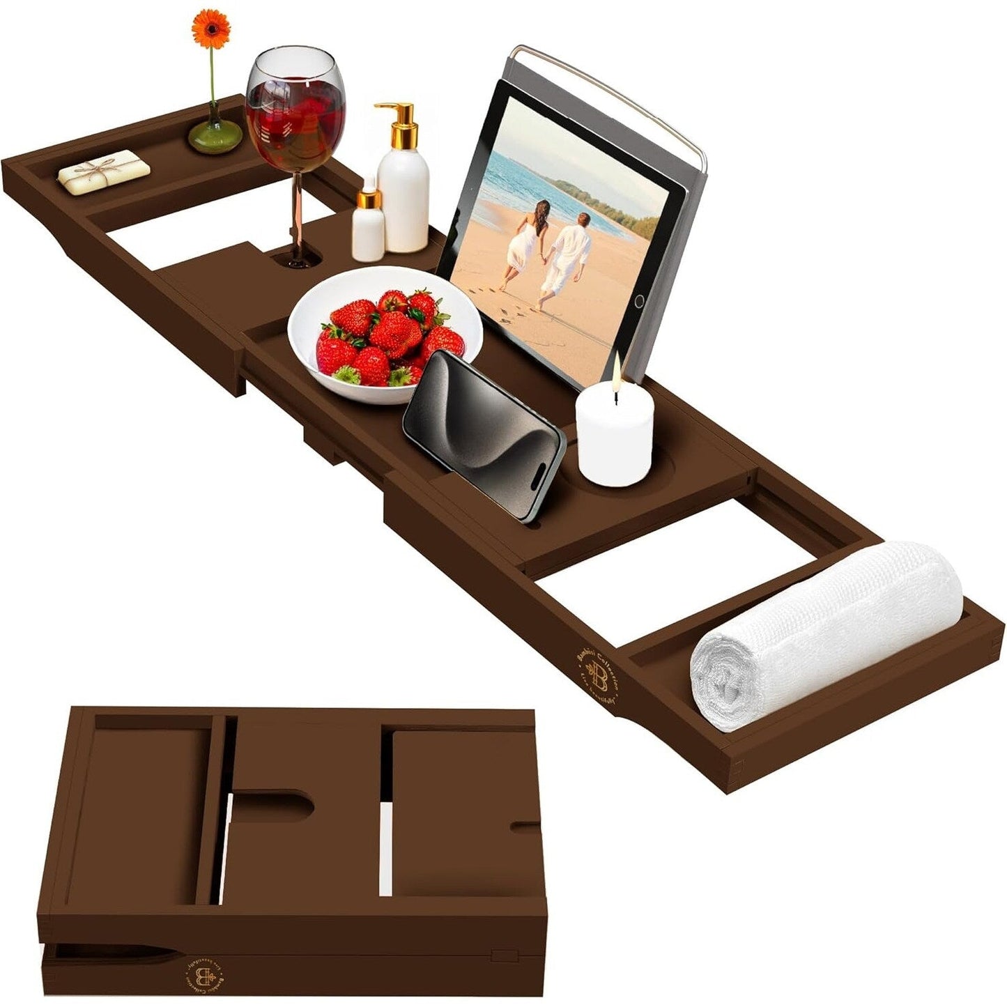 Bamboo Bathtub Tray for Tub - Expandable Bath Tray, Book & Tablet Holder - Bath Table, Tub Tray, Bathtub Caddy, Foldable Design
