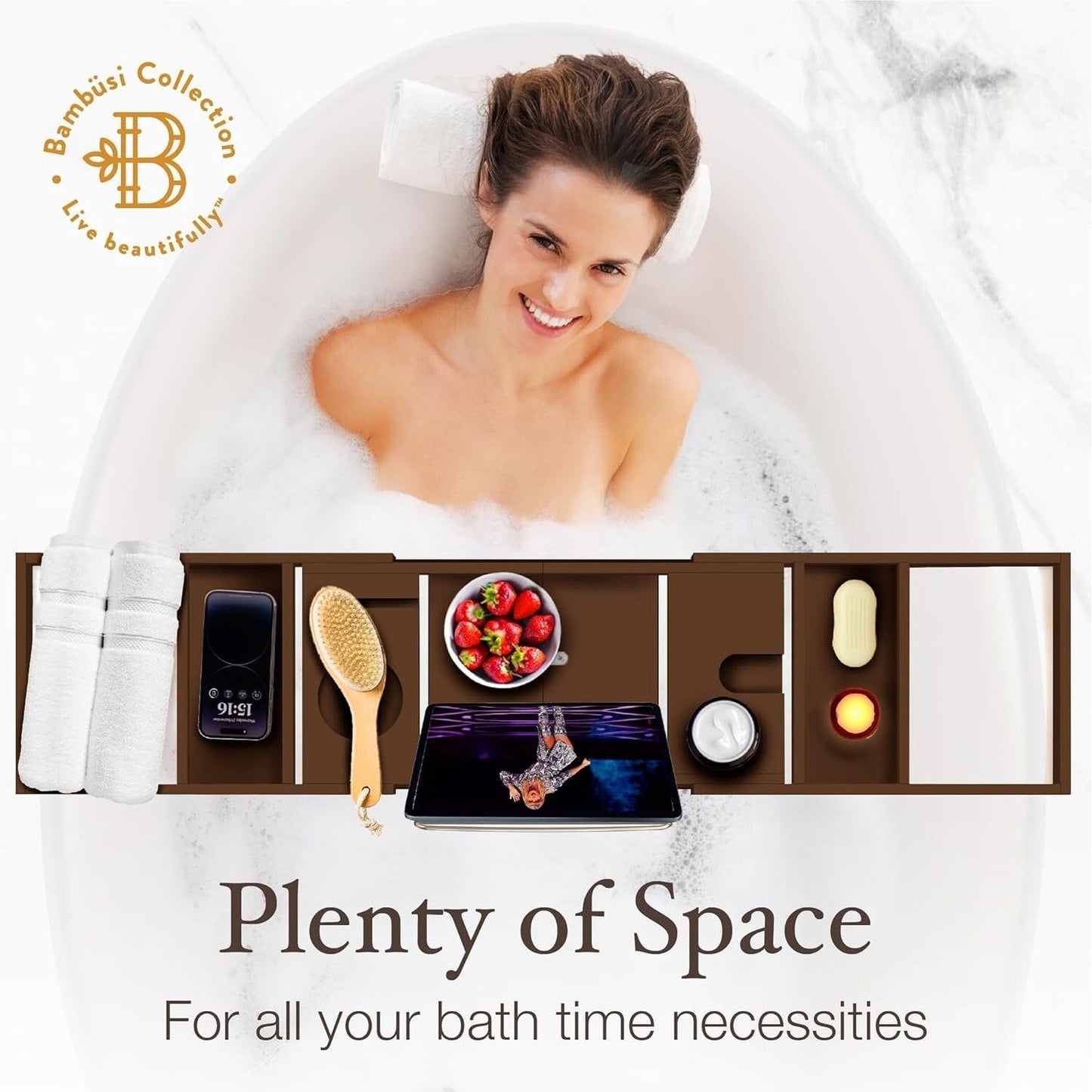 Bamboo Bathtub Tray for Tub - Expandable Bath Tray, Book & Tablet Holder - Bath Table, Tub Tray, Bathtub Caddy, Foldable Design