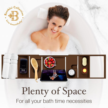 Bamboo Bathtub Tray for Tub - Expandable Bath Tray, Book & Tablet Holder - Bath Table, Tub Tray, Bathtub Caddy, Foldable Design