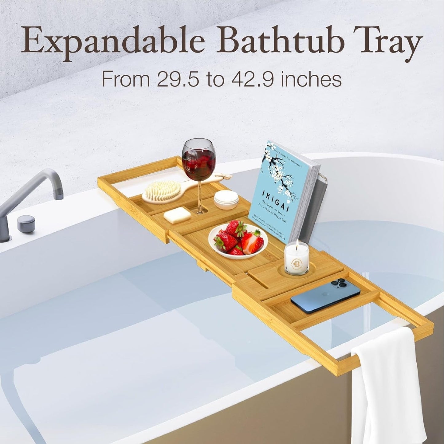 Bamboo Bathtub Tray for Tub - Expandable Bath Tray, Book & Tablet Holder - Bath Table, Tub Tray, Bathtub Caddy, Foldable Design