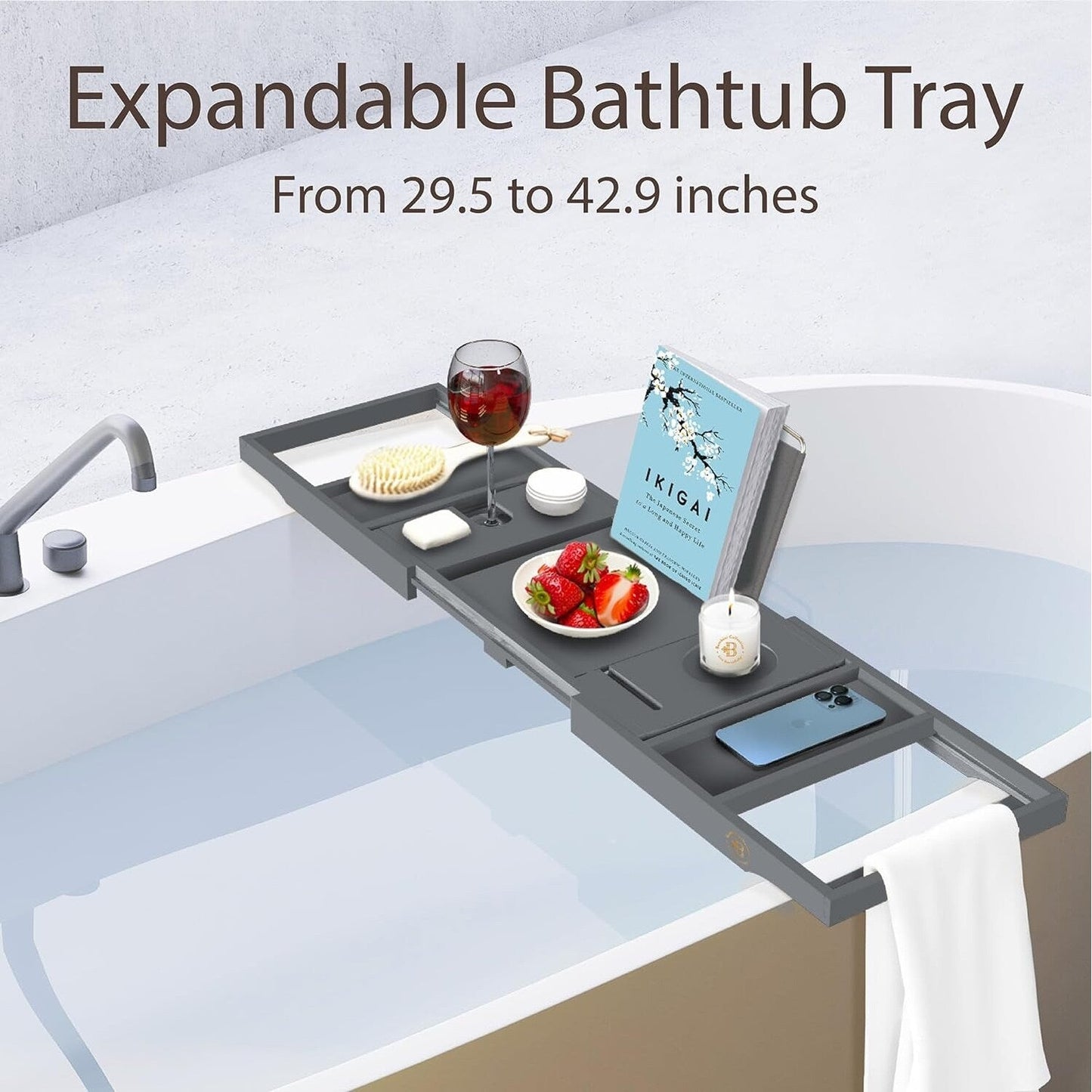 Bamboo Bathtub Tray for Tub - Expandable Bath Tray, Book & Tablet Holder - Bath Table, Tub Tray, Bathtub Caddy, Foldable Design