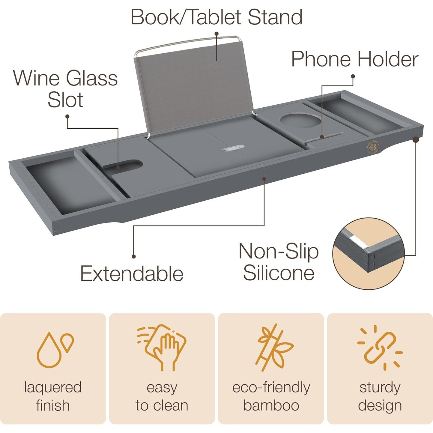 Bamboo Bathtub Tray for Tub - Expandable Bath Tray, Book & Tablet Holder - Bath Table, Tub Tray, Bathtub Caddy, Foldable Design