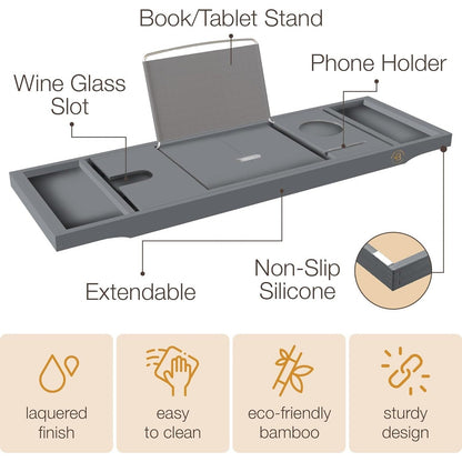 Bamboo Bathtub Tray for Tub - Expandable Bath Tray, Book & Tablet Holder - Bath Table, Tub Tray, Bathtub Caddy, Foldable Design