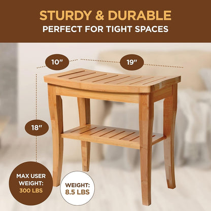 Bamboo Shower Bench Spa Stool - Wood 2-Tier Seat, Foot Rest Shaving Stool with Non-Slip Feet + Storage Shelf