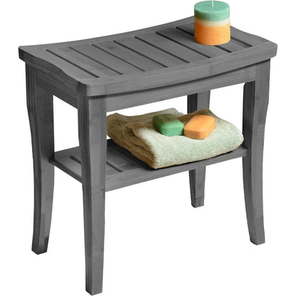 Bamboo Shower Bench Spa Stool - Wood 2-Tier Seat, Foot Rest Shaving Stool with Non-Slip Feet + Storage Shelf