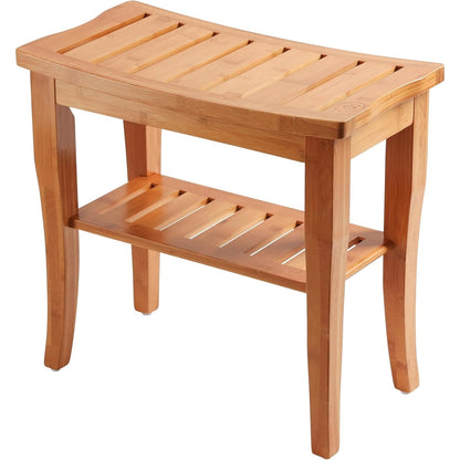 Bamboo Shower Bench Spa Stool - Wood 2-Tier Seat, Foot Rest Shaving Stool with Non-Slip Feet + Storage Shelf
