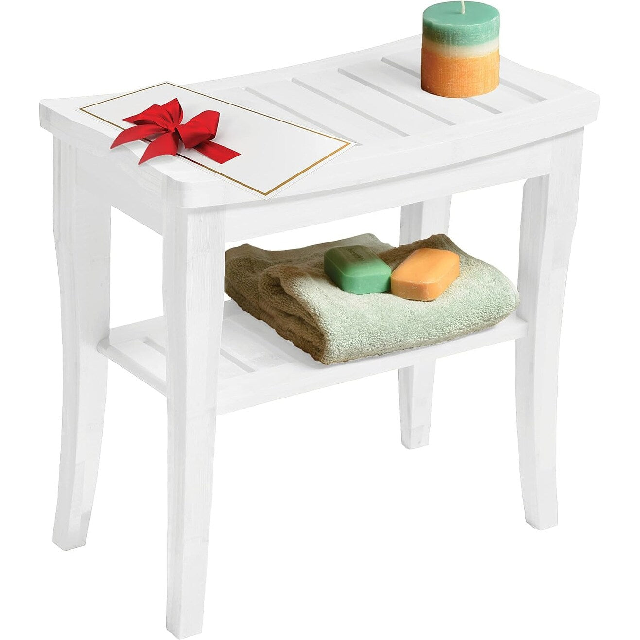 Bamboo Shower Bench Spa Stool - Wood 2-Tier Seat, Foot Rest Shaving Stool with Non-Slip Feet + Storage Shelf