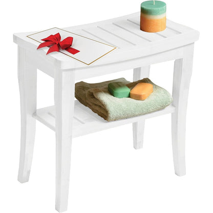 Bamboo Shower Bench Spa Stool - Wood 2-Tier Seat, Foot Rest Shaving Stool with Non-Slip Feet + Storage Shelf