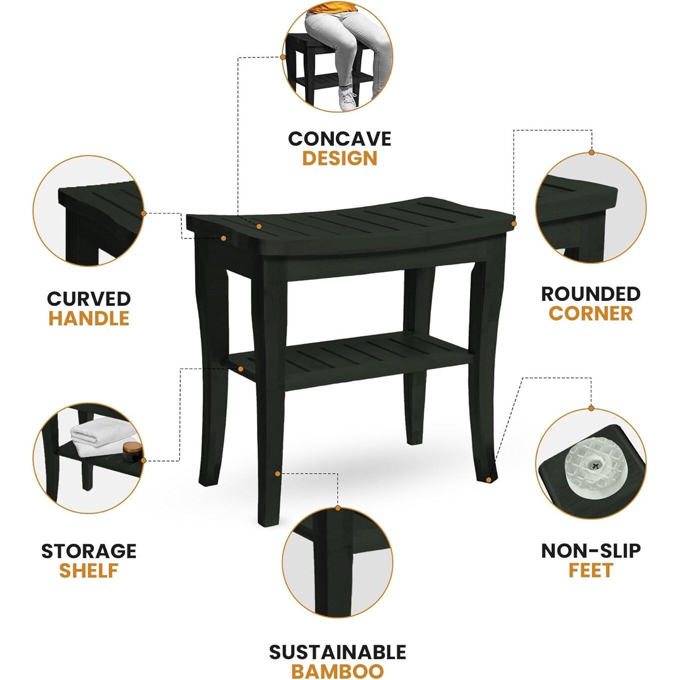 Bamboo Shower Bench Spa Stool - Wood 2-Tier Seat, Foot Rest Shaving Stool with Non-Slip Feet + Storage Shelf
