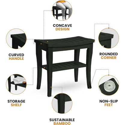 Bamboo Shower Bench Spa Stool - Wood 2-Tier Seat, Foot Rest Shaving Stool with Non-Slip Feet + Storage Shelf