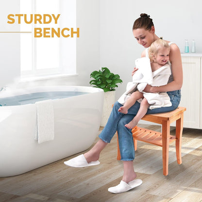 Bamboo Shower Bench Spa Stool - Wood 2-Tier Seat, Foot Rest Shaving Stool with Non-Slip Feet + Storage Shelf