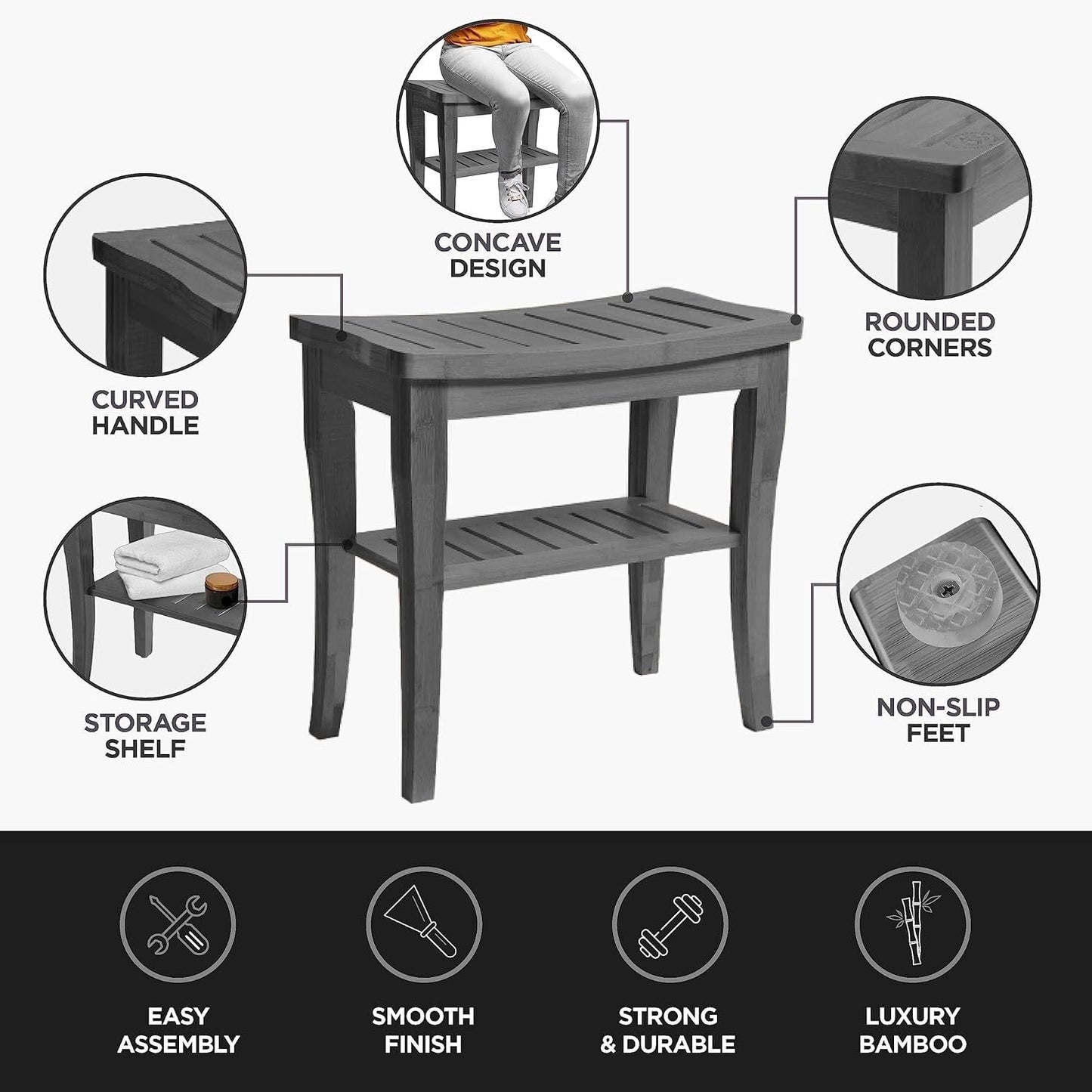 Bamboo Shower Bench Spa Stool - Wood 2-Tier Seat, Foot Rest Shaving Stool with Non-Slip Feet + Storage Shelf