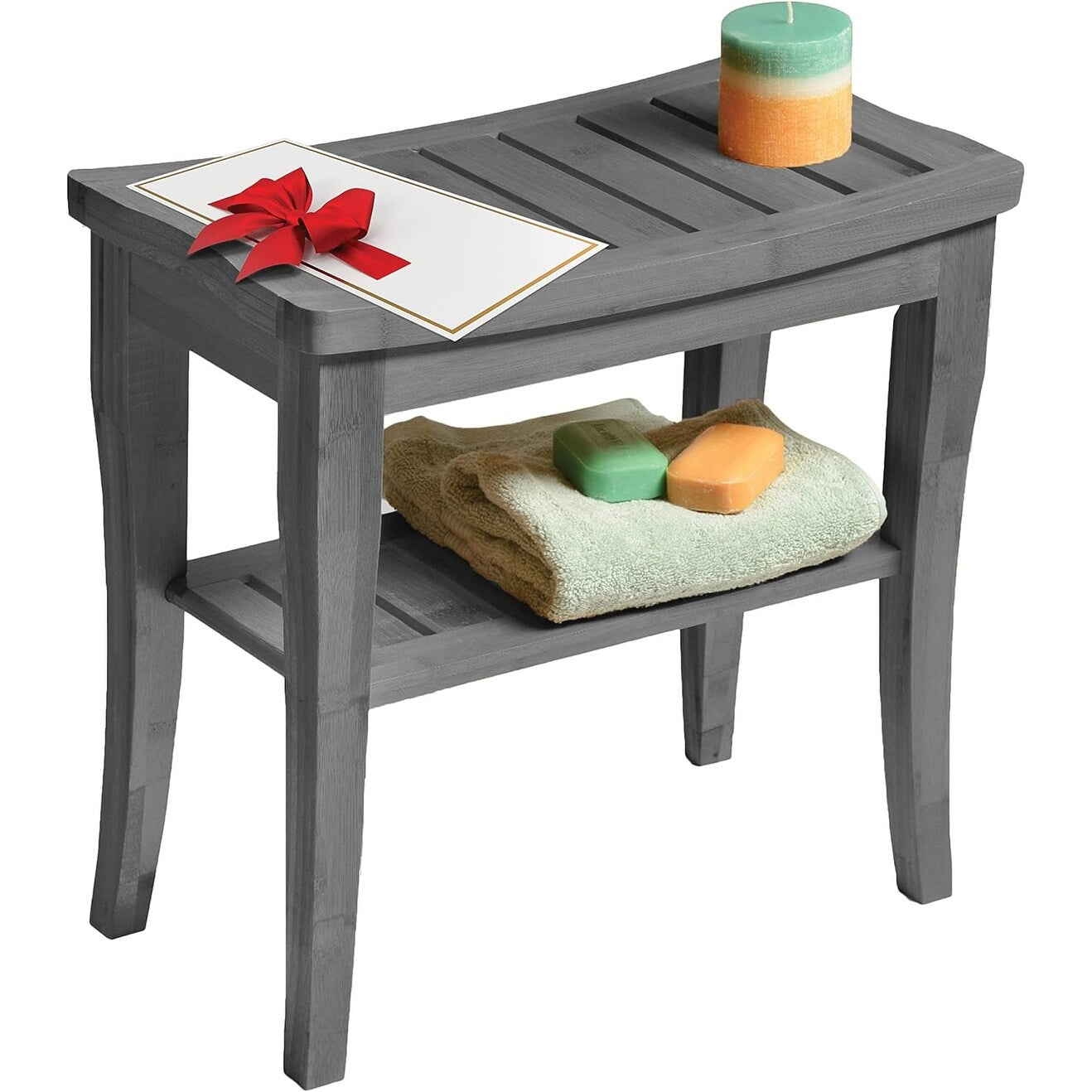 Bamboo Shower Bench Spa Stool - Wood 2-Tier Seat, Foot Rest Shaving Stool with Non-Slip Feet + Storage Shelf