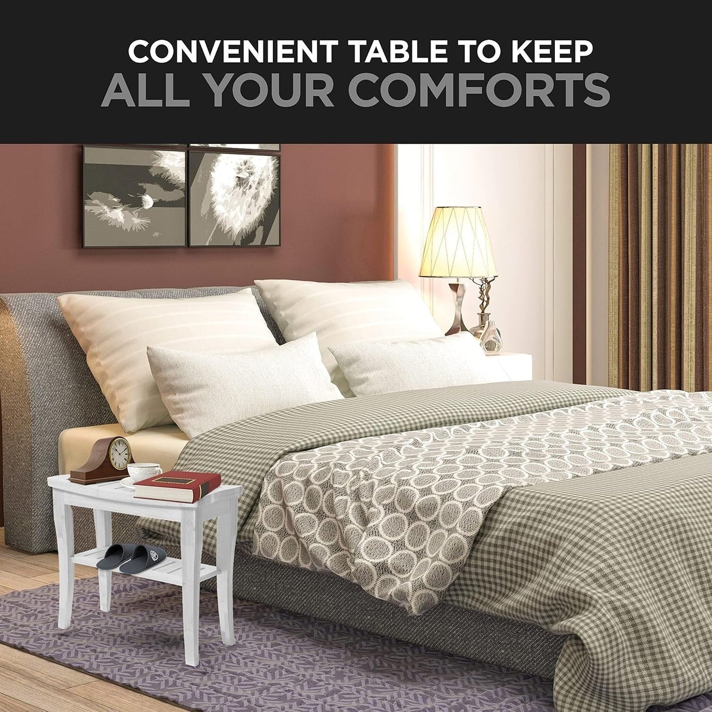 Bamboo Shower Bench Spa Stool - Wood 2-Tier Seat, Foot Rest Shaving Stool with Non-Slip Feet + Storage Shelf