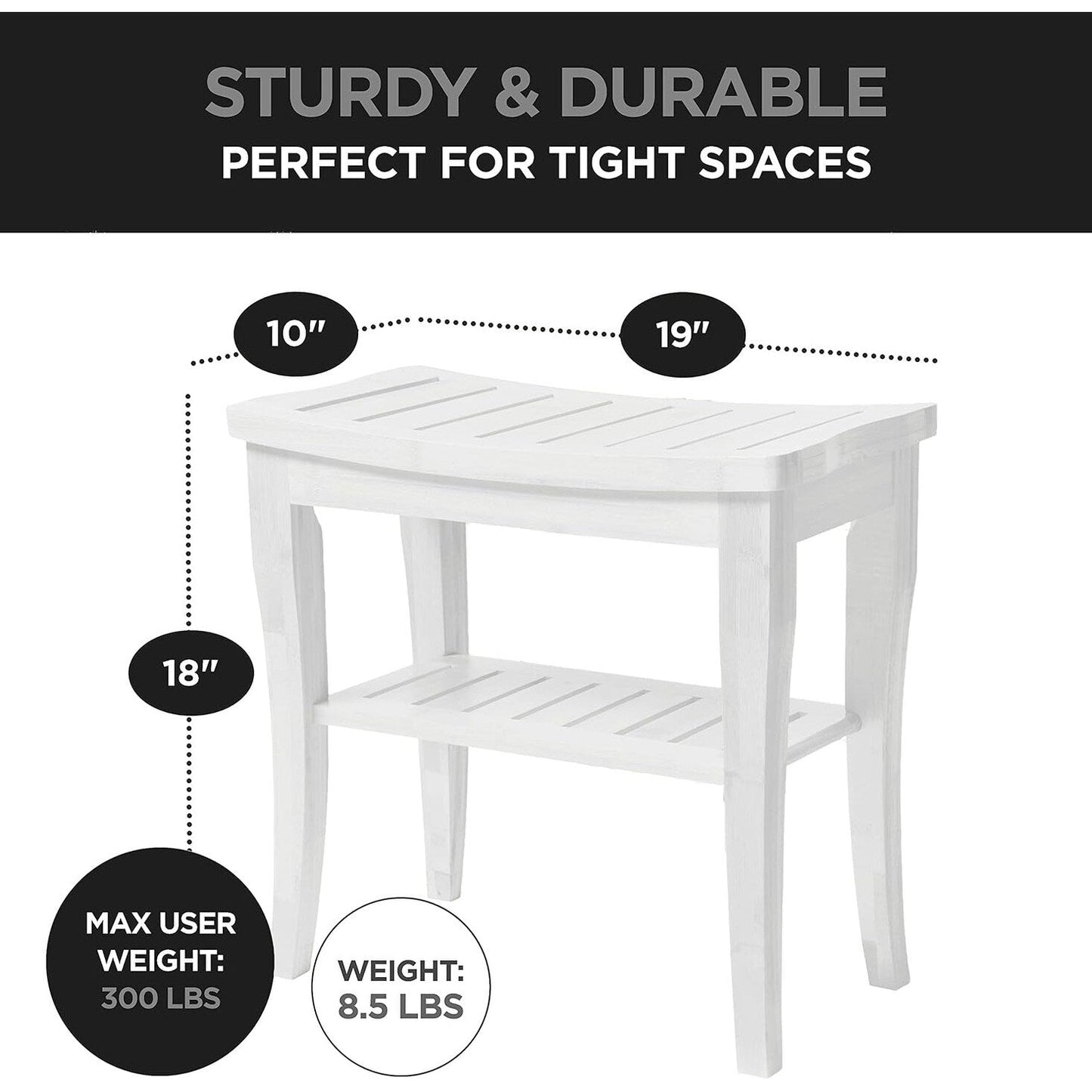 Bamboo Shower Bench Spa Stool - Wood 2-Tier Seat, Foot Rest Shaving Stool with Non-Slip Feet + Storage Shelf