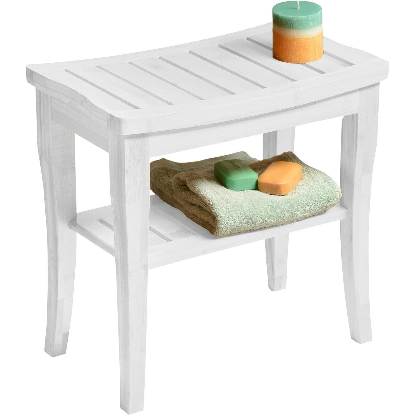 Bamboo Shower Bench Spa Stool - Wood 2-Tier Seat, Foot Rest Shaving Stool with Non-Slip Feet + Storage Shelf