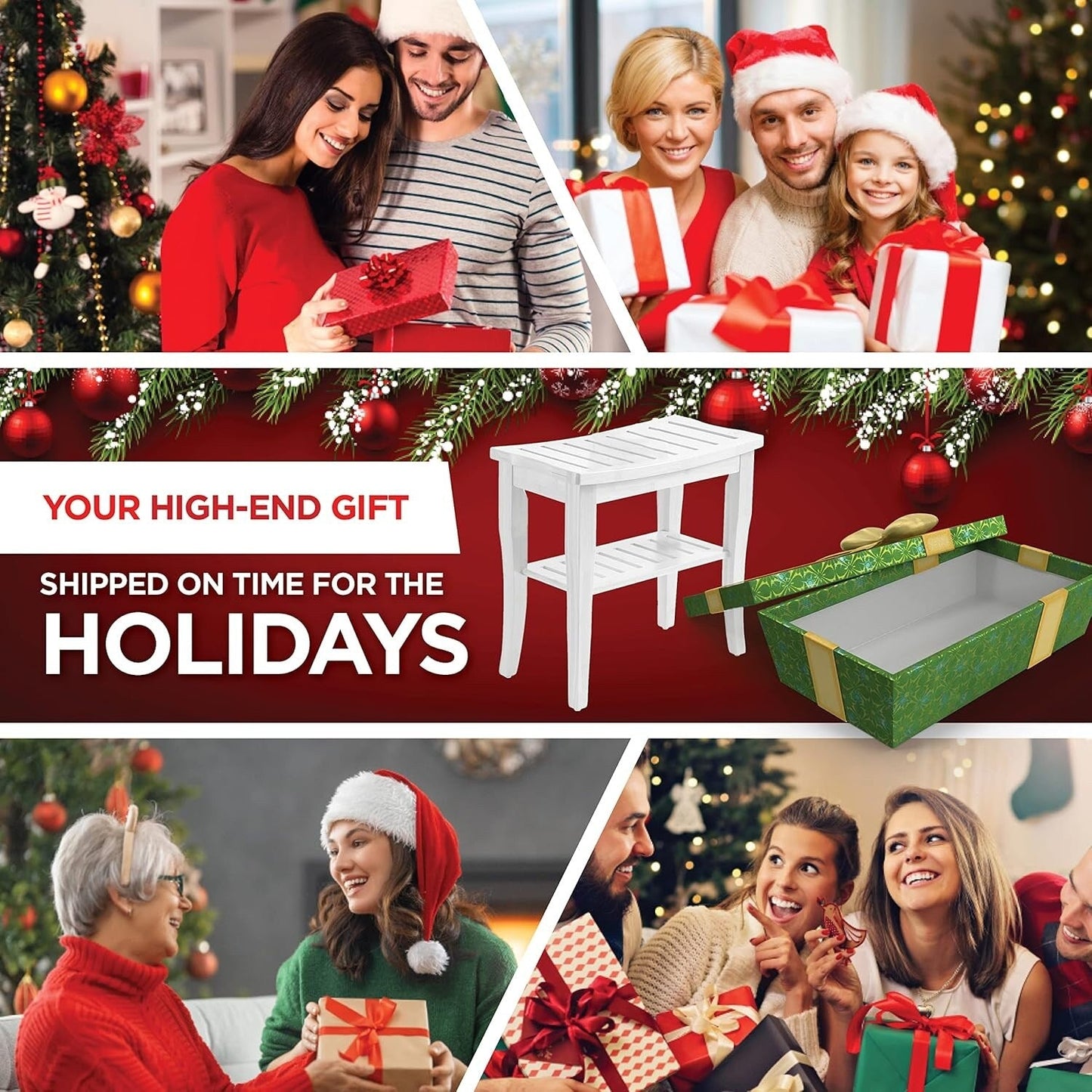 Bamboo Shower Bench Spa Stool - Wood 2-Tier Seat, Foot Rest Shaving Stool with Non-Slip Feet + Storage Shelf