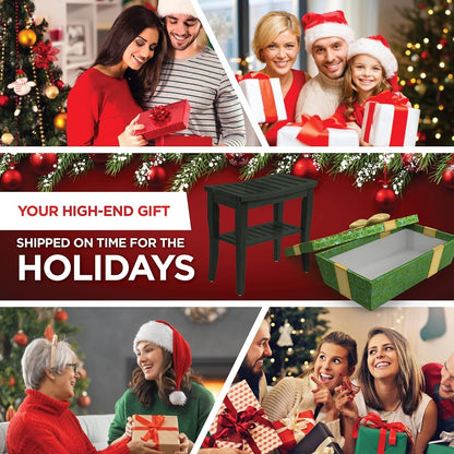 Bamboo Shower Bench Spa Stool - Wood 2-Tier Seat, Foot Rest Shaving Stool with Non-Slip Feet + Storage Shelf