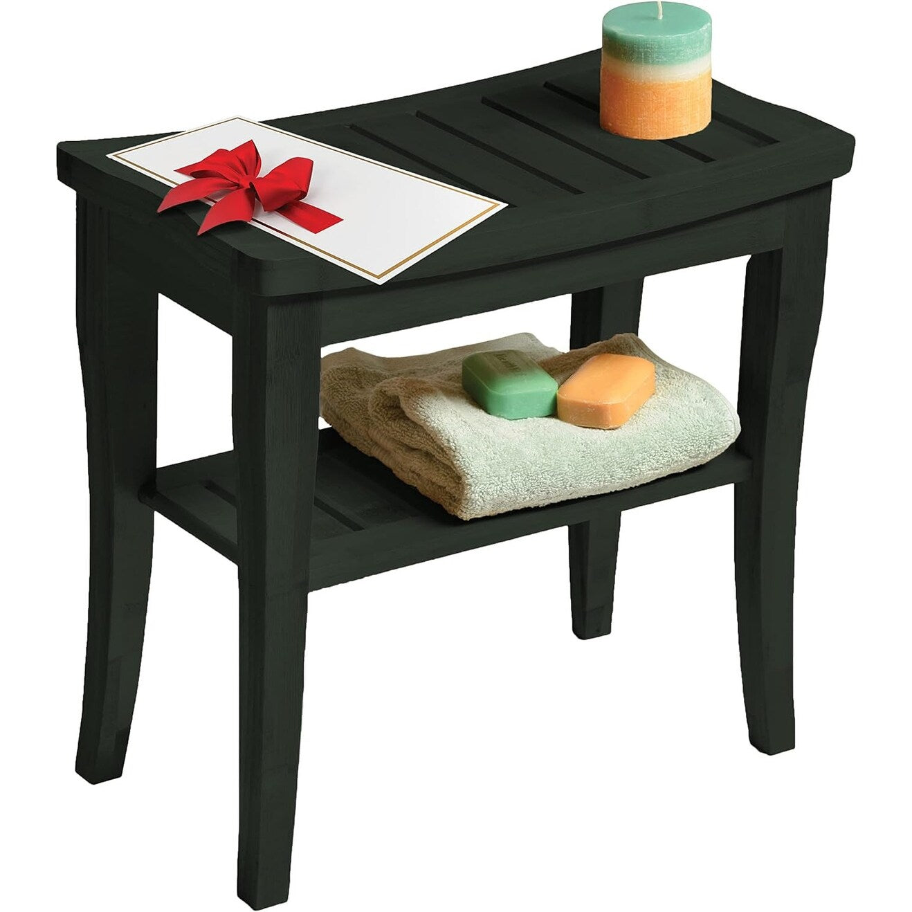 Bamboo Shower Bench Spa Stool - Wood 2-Tier Seat, Foot Rest Shaving Stool with Non-Slip Feet + Storage Shelf