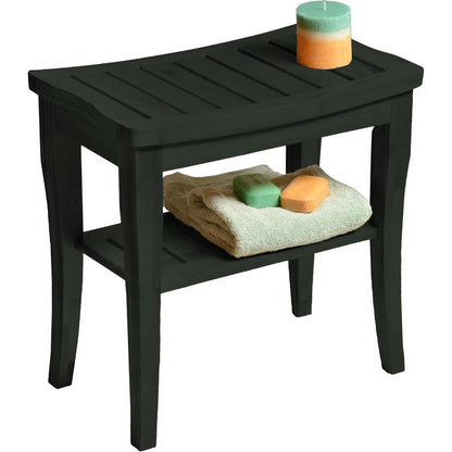 Bamboo Shower Bench Spa Stool - Wood 2-Tier Seat, Foot Rest Shaving Stool with Non-Slip Feet + Storage Shelf