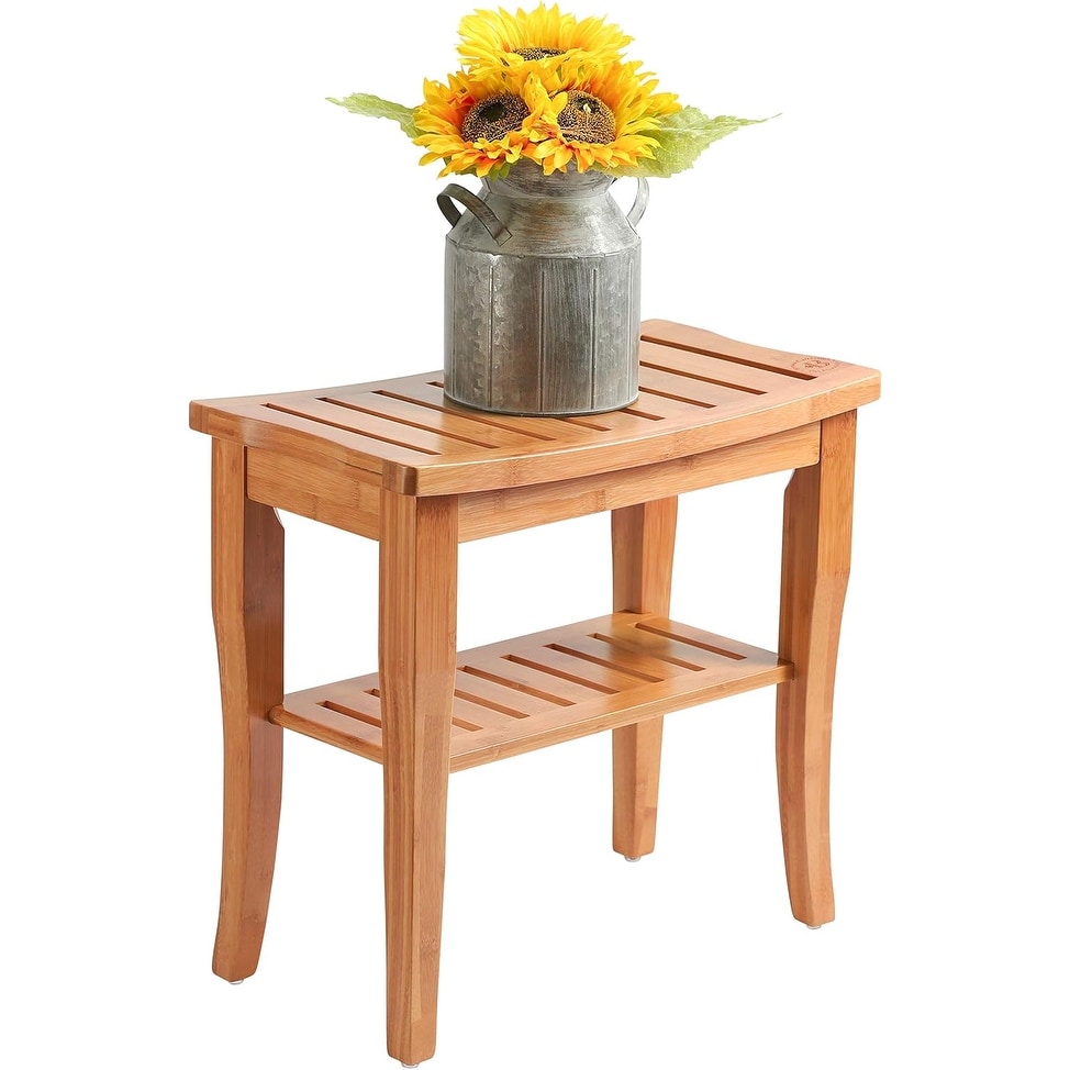 Bamboo Shower Bench Spa Stool - Wood 2-Tier Seat, Foot Rest Shaving Stool with Non-Slip Feet + Storage Shelf