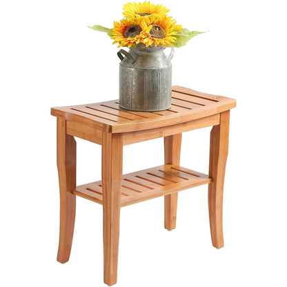 Bamboo Shower Bench Spa Stool - Wood 2-Tier Seat, Foot Rest Shaving Stool with Non-Slip Feet + Storage Shelf