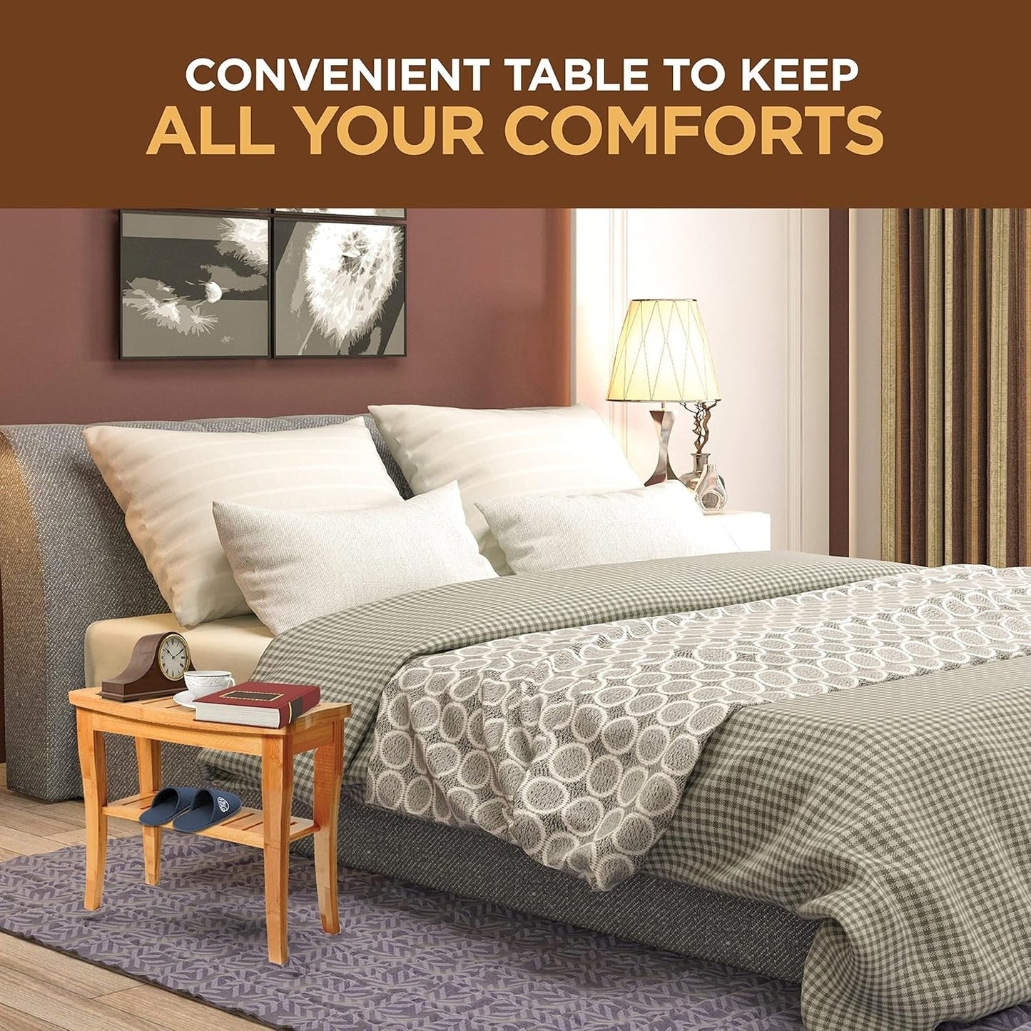 Bamboo Shower Bench Spa Stool - Wood 2-Tier Seat, Foot Rest Shaving Stool with Non-Slip Feet + Storage Shelf