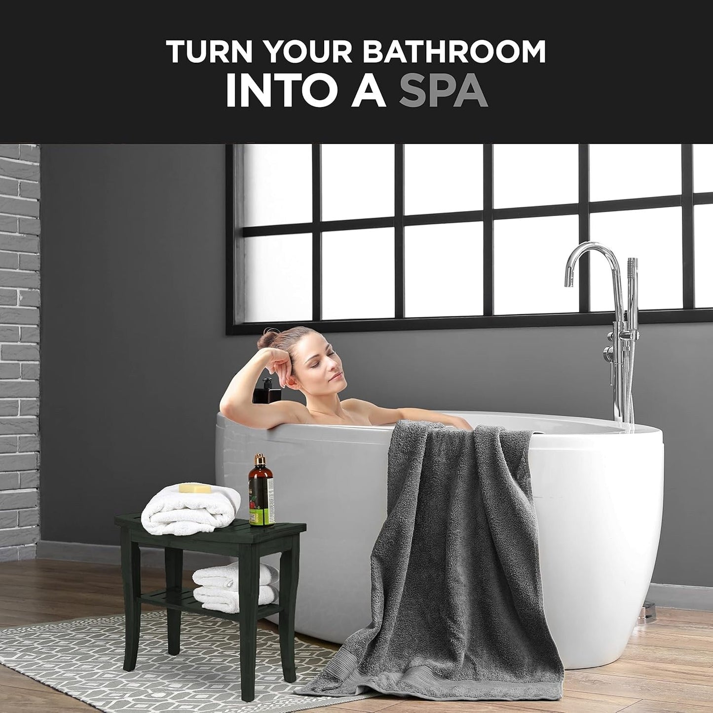 Bamboo Shower Bench Spa Stool - Wood 2-Tier Seat, Foot Rest Shaving Stool with Non-Slip Feet + Storage Shelf