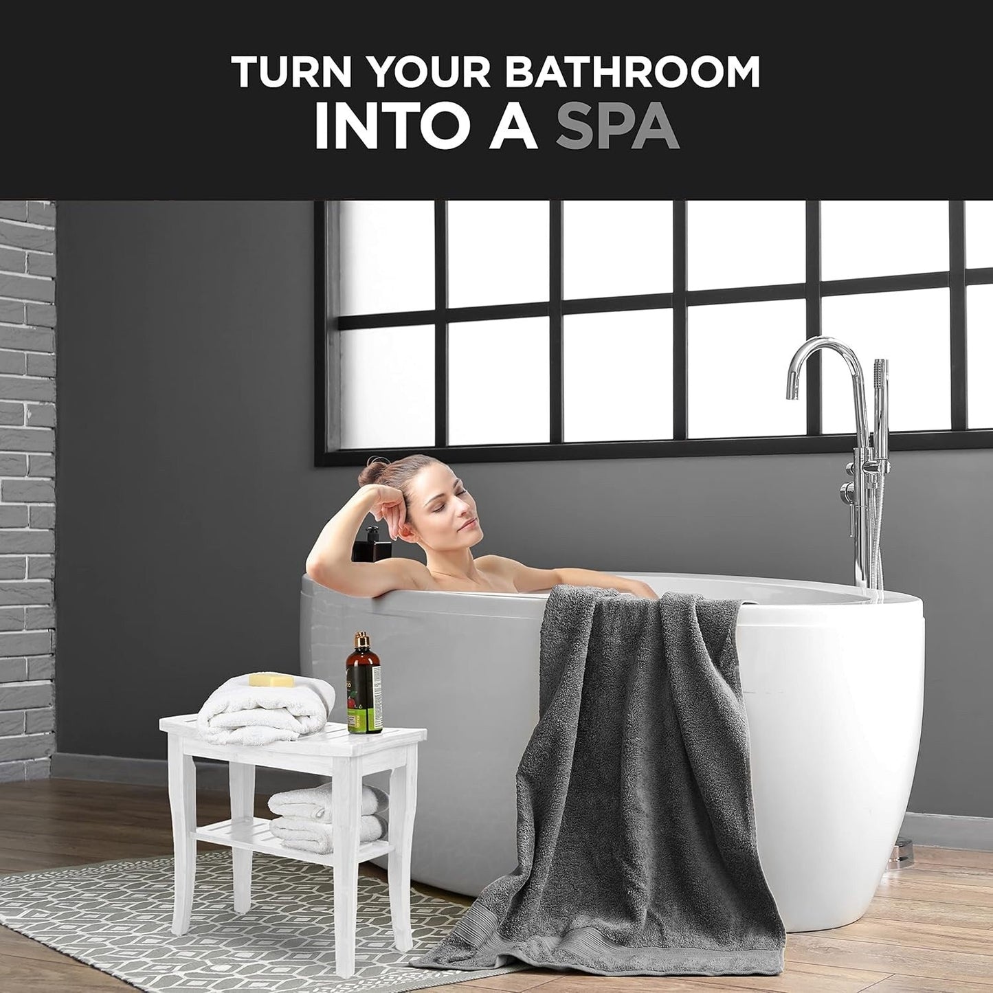 Bamboo Shower Bench Spa Stool - Wood 2-Tier Seat, Foot Rest Shaving Stool with Non-Slip Feet + Storage Shelf