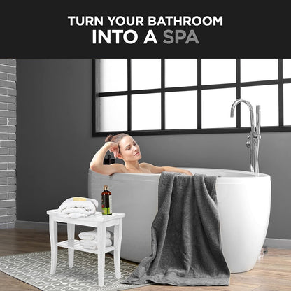 Bamboo Shower Bench Spa Stool - Wood 2-Tier Seat, Foot Rest Shaving Stool with Non-Slip Feet + Storage Shelf