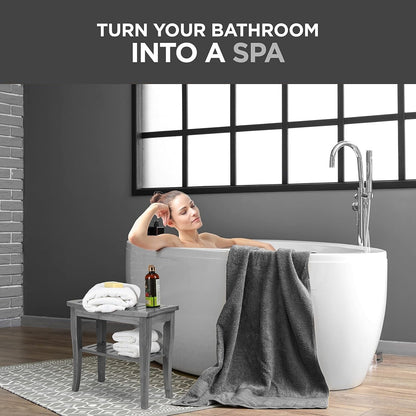 Bamboo Shower Bench Spa Stool - Wood 2-Tier Seat, Foot Rest Shaving Stool with Non-Slip Feet + Storage Shelf