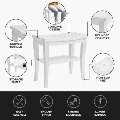 Bamboo Shower Bench Spa Stool - Wood 2-Tier Seat, Foot Rest Shaving Stool with Non-Slip Feet + Storage Shelf