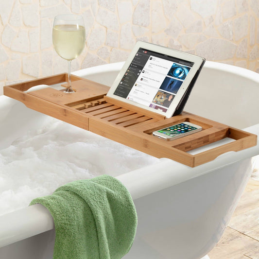 Bathtub Tray for Tub - Adjustable Bamboo Bath Tray for Tub - Collapsible Bathtub Caddy Bath Tub Tray Wood - Bath Accessories