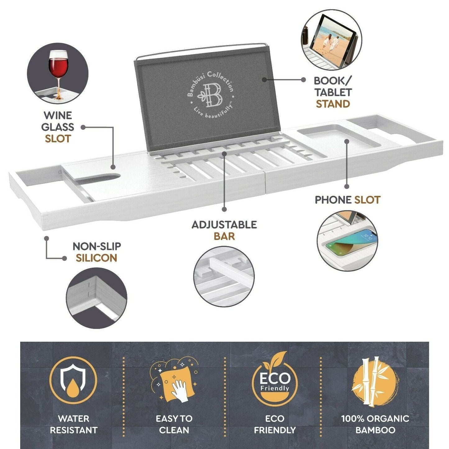 Bathtub Tray for Tub - Adjustable Bamboo Bath Tray for Tub - Collapsible Bathtub Caddy Bath Tub Tray Wood - Bath Accessories