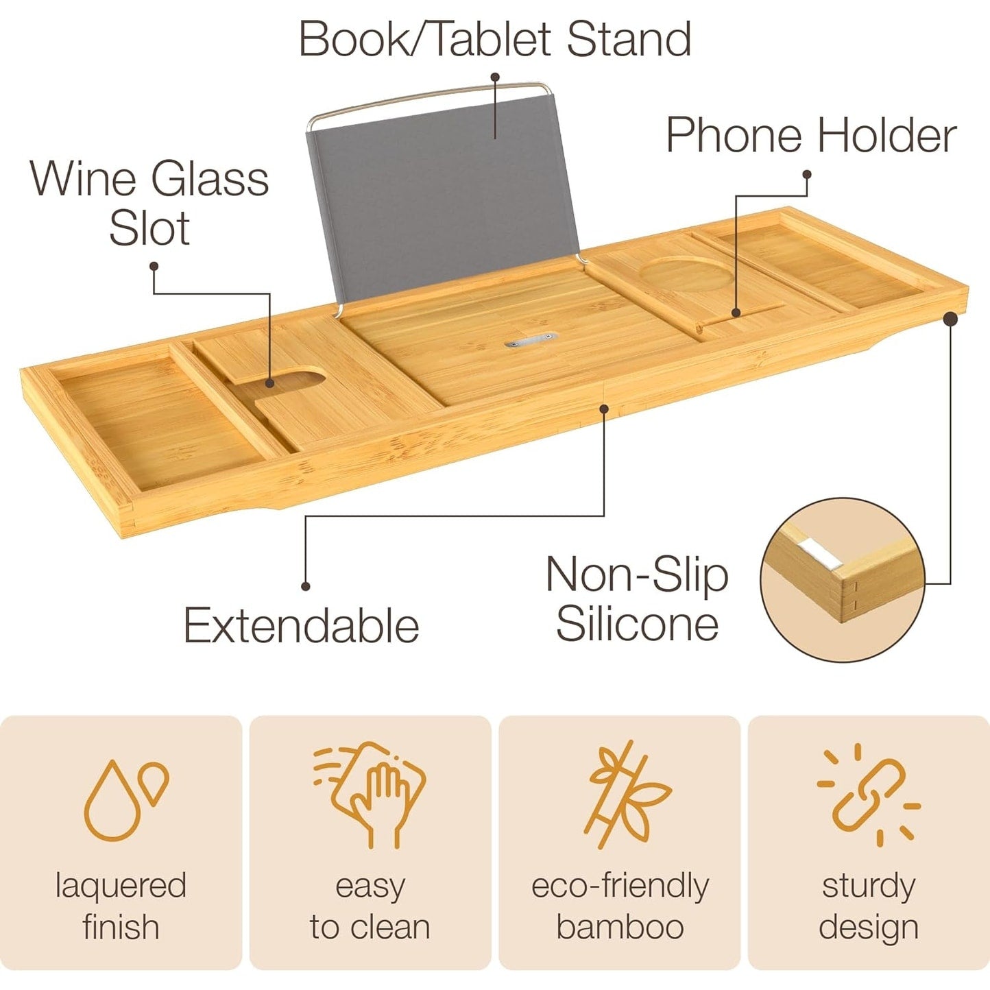 Bamboo Bathtub Tray for Tub - Expandable Bath Tray, Book & Tablet Holder - Bath Table, Tub Tray, Bathtub Caddy, Foldable Design