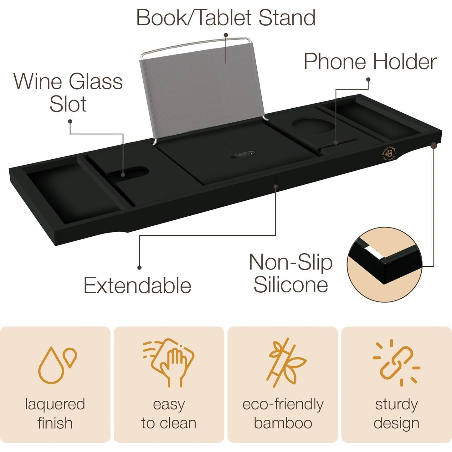 Bamboo Bathtub Tray for Tub - Expandable Bath Tray, Book & Tablet Holder - Bath Table, Tub Tray, Bathtub Caddy, Foldable Design