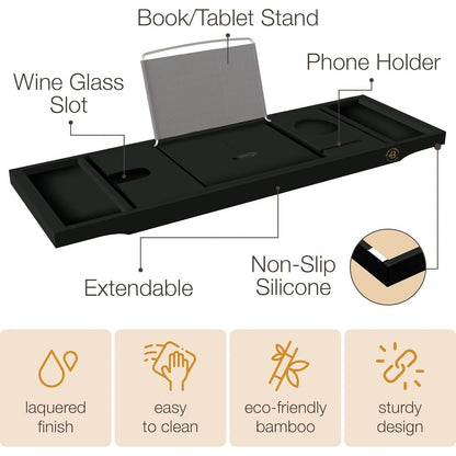 Bamboo Bathtub Tray for Tub - Expandable Bath Tray, Book & Tablet Holder - Bath Table, Tub Tray, Bathtub Caddy, Foldable Design
